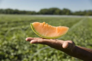 un fetta di melone appoggiata su una mano con sfondo un campo coltivato di verde